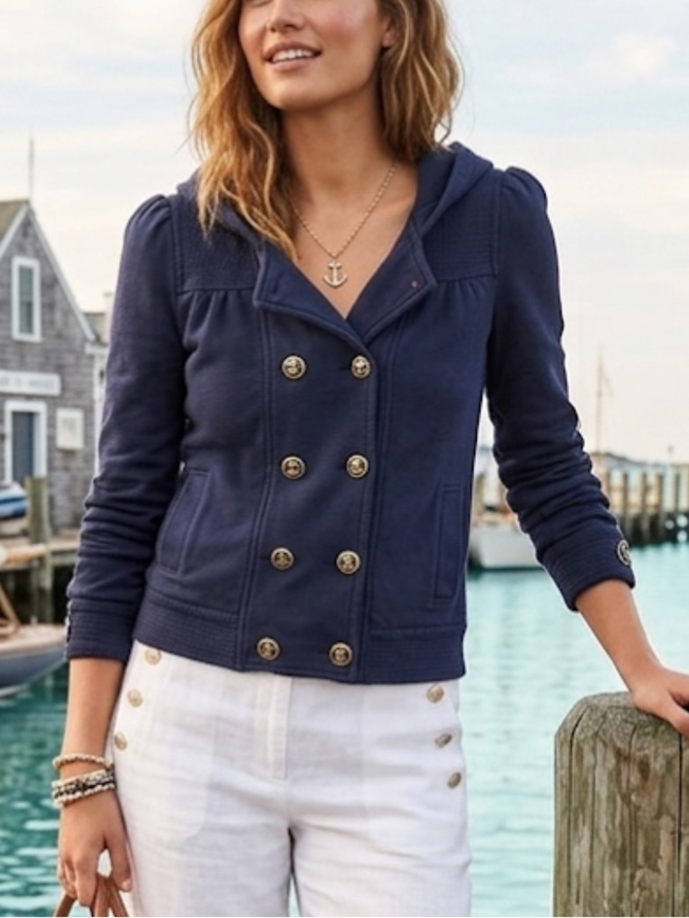 Juicy Couture Hooded Jacket Size S Navy Blue Nautical Gold Buttons Beach USA Y2K